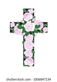 The white rose's cross Vector drawing the funerary cross Decorative element for funeral Hand drawing art 