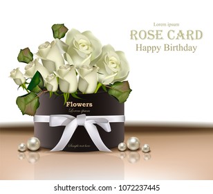 White roses flowers bouquet card Vector realistic. Beautiful floral backgrounds