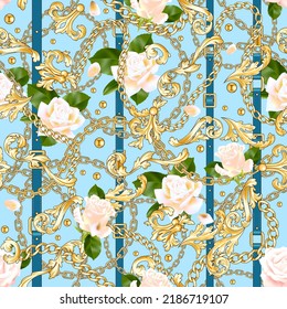 White roses with gold decor and belts background for fabric. Trendy repeating print. Elegant seamless pattern