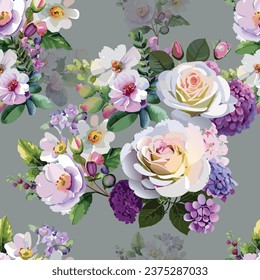White roses with hydrangea bouquet seamless pattern on grey background