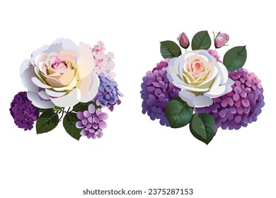 Weiße Rosen mit Hydrangea-Bouquet einzeln auf weißem Hintergrund