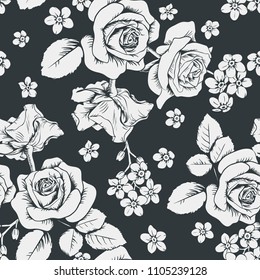 White roses and myosotis flowers on black background. Seamless pattern. Vector illustration. Can use for background greeting cards and invitations of the wedding, birthday, Valentines day, Mothers day