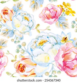 White roses on the white background. Watercolor seamless pattern with flowers.