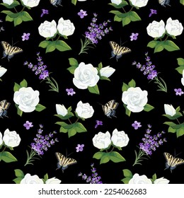 White roses on a black background.Vector pattern with white roses, lavender and butterflies on a black background.