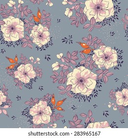 White roses on blue background - vector seamless pattern