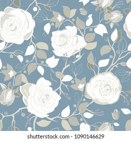 White roses on a gray backdrop. Vector wallpaper with big illustration flowers. Hand drawn plants. Great for fabric, textile, web, invitations, wrapping, wallpaper, apparel. Vector Illustration