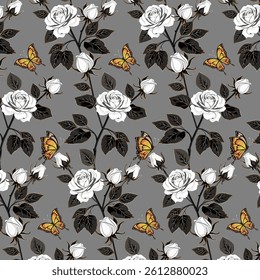 White roses on a gray background.Vector pattern with yellow butterflies and white roses on a gray background.