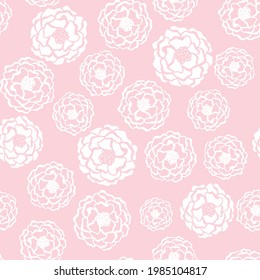 Weiße Rosen auf rosafarbenem Hintergrund, Vektorgrafik nahtlos. Minimal abstrakte Rosengrafik. Sommerblumen. Weiße Blüte einzeln auf Rosa. Sommerblumen blühen nahtlos Muster Leinenprint.
