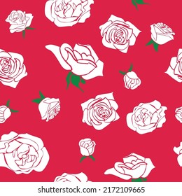Rosas blancas sobre fondo rojo sin costuras.
