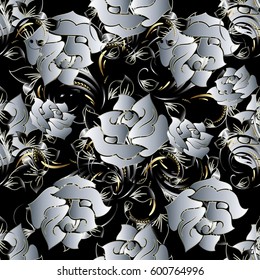 White roses seamless pattern. Floral black background wallpaper illustration with vintage 3d roses flowers, swirl leaves and flourish ornaments. Vector surface texture for fabric, textile,cloth, cards