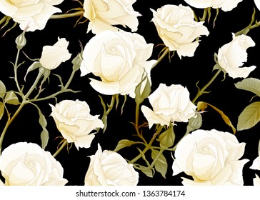 White roses seamless pattern. Isolated on black background. Vector illustration.