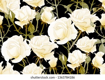 White roses seamless pattern. Isolated on black background. Vector illustration.