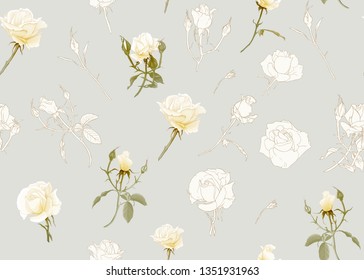 Las rosas blancas son un patrón sin fisuras.  De fondo beige. Diseño en color y esquema. Ilustración vectorial.