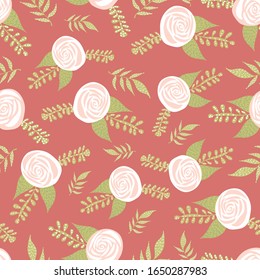 White roses seamless vector pattern with flat stylized Scandinavian flowers in pink and white on a rose background. Decorative summer or spring florals for fabric, surface decor, wallpaper, packaging