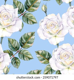 White Roses Seamless Watercolor Pattern 