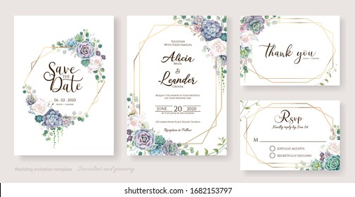 White Roses And Succulent Branches Wedding Invitation Card, Save The Date, Thank You, Rsvp Template. Vector.