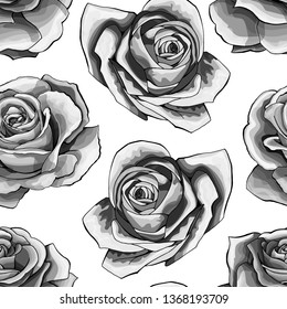 White roses vintage seamless pattern. Light rose flowers isolated on white background texture. Vector fabrics textile illustration. Happy mother day, womens day, girls birthday, Valentines day.