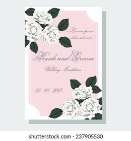 White roses wedding invitation. Event floral card