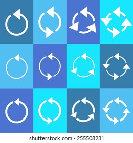 White rotating circle arrows collection in blue squares