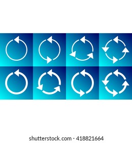 White rotating circle arrows collection in blue squares 