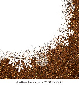 White rough snow background on golden textured surface with glittering effect. Merry Christmas and Happy New Year greeting card. Vector illustration