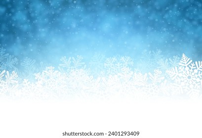 White rough snow background on blue textured pattern with blurred snowflakes. Merry Christmas and Happy New Year greeting card. Vector illustration