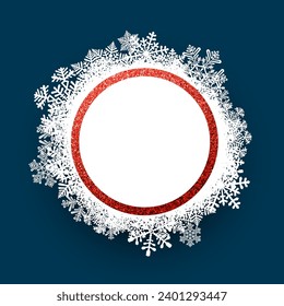 Borde de nieve blanca y rugosa con anillo de textura roja con efecto brillante. Feliz Navidad y tarjeta de felicitación de Año Nuevo Feliz. Ilustración del vector