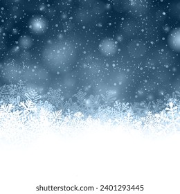 White rough snow banner on blue textured pattern with blurred snowflakes. Merry Christmas and Happy New Year greeting card. Vector illustration