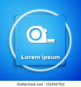 White Roulette construction icon isolated on blue background. Tape measure symbol. Blue square button. Vector Illustration