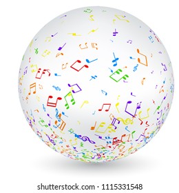 White round 3d musical background with colorful notes. Vector paper illustration. 