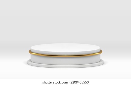 White round 3d stage podium award arena golden stairs decorative showcase design studio background realistic vector illustration. Circle cylinder studio scene pedestal display for product presentation