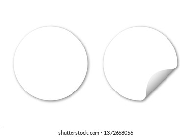 White round adhesive sticker. Paper stickers with curled corner. Realistic round stickers template, tag or label mockup
