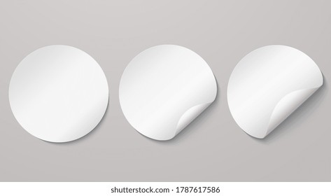 White round adhesive stickers with curved edges. Empty note mockup, ad sticker with turned edge.