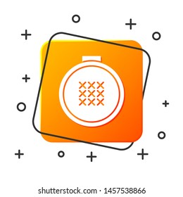 White Round adjustable embroidery hoop icon isolated on white background. Thread and needle for embroidery. Orange square button. Vector Illustration