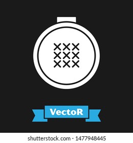 White Round adjustable embroidery hoop icon isolated on black background. Thread and needle for embroidery.  Vector Illustration