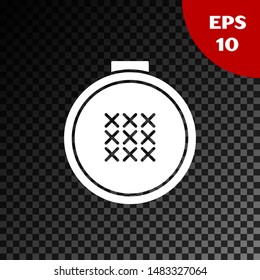 White Round adjustable embroidery hoop icon isolated on transparent dark background. Thread and needle for embroidery.  Vector Illustration