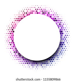 White round background with abstract pink and purple dotted pattern. Halftone effect. Pop art style. Vector paper illustration.