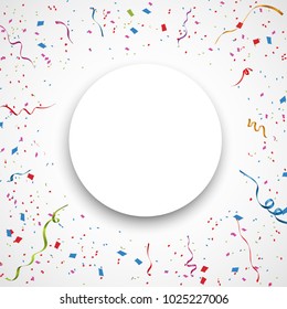 White round background with color confetti. Vector paper illustration. Festive vector background.