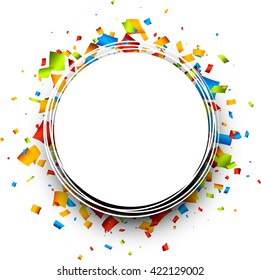 White round background with color confetti. Vector paper illustration.