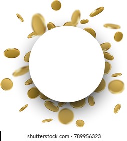 White round background with falling gold coins.