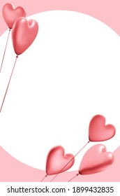 White round background with pink realistic 3d heart balloons. Vector illustration.