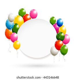 White round banner with colorful balloons