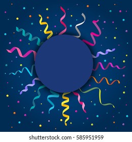 White round banner with flat colorful curling streamers or ribbons with confetti around it isolated on dark blue background. Vector.