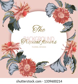 White round banner and floral bouquets with exotic cactus flowers and tropical leaves, greenery. Vector illustration.