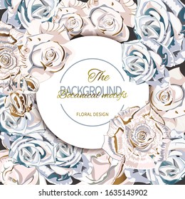 White round banner on colorful background with large white rose buds. Vector floral greeting card