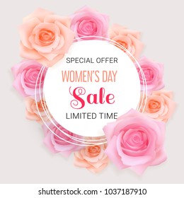 Banner blanco redondo con rosas realistas de albaricoque rosa y texto Sale Día de la Mujer, oferta especial, tiempo limitado en un fondo claro. Elegante diseño vectorial de lujo.