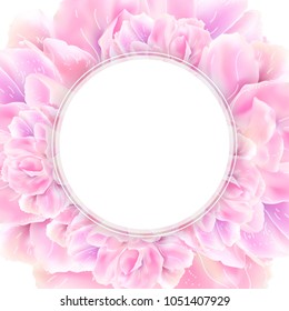 White round banner with pink photo realistic flowers. Spring season. Elegant luxury vector design. Floral circle frame for greeting card