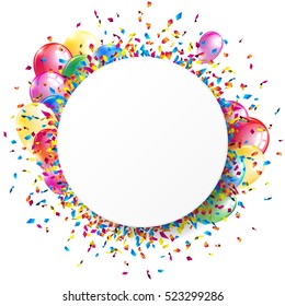 White round banner with shiny colorful confetti and balloons. Vector illustration.