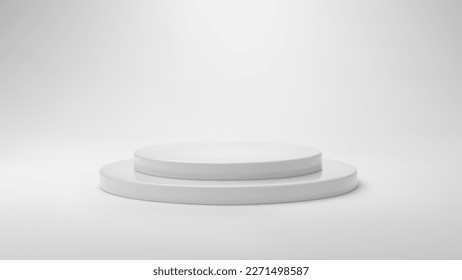 White round base plinth podium in studio. Light scene with minimal stage platform for product display presentation, winner award. Realistic podium mockup vector illustration