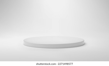 White round base podium in studio. Light scene with minimal stage platform for product display presentation, winner award. Realistic podium mockup vector illustration
